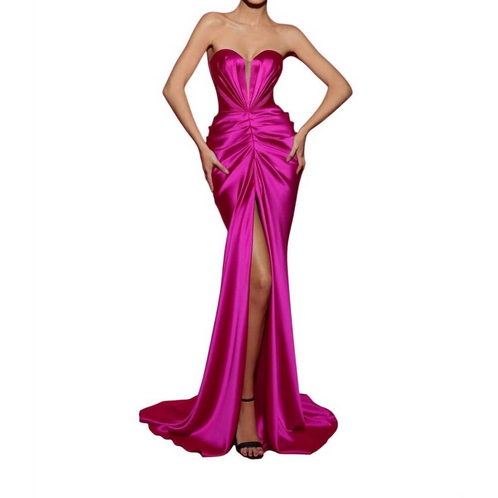 NEW TARIK EDIZ plunging sweetheart satin evening gown in fuchsia